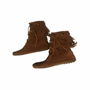 Minnetonka Moccasin Women’s Fringe Lace Up Ankle Boots Booties Chestnut Suede 6 - Picture 1 of 4