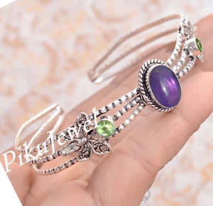 Amethyst And Peridot Cut Gemstone 925 Sterling Silver Cuff Bangle Beauty Gift - Picture 1 of 6