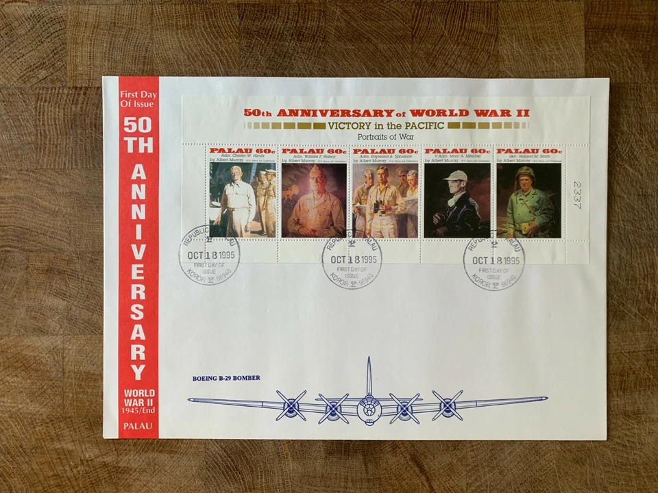 PALAU 1995 FDC WW2 PORTRAITS HALSEY NIMITZ MITSCHER SMITH SPRUANCE MINISHEET - Image 1 of 1