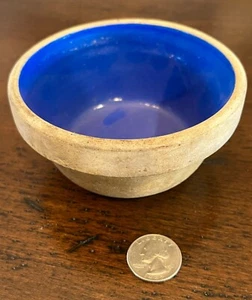 Vntg CHILD-SIZED 3-1/2" Yellow/Blue Stoneware FARMHOUSE Mixing Bowl Antique - Picture 1 of 12