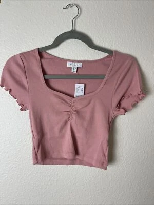 TOPSHOP Women's Top Blush Size 6 Crop Short Sleeve Scoop Neck Ruffle - Image 1 of 4