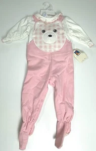 Vintage Carter’s 9 Months Baby Clothes Pink Bear Footed Overalls Shirt Set NEW - Picture 1 of 16