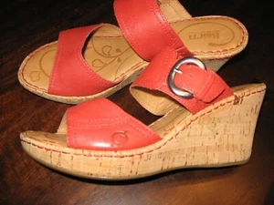BORN, Sandals EUC, Red Leather,3" Wedge Heel,Slip On ,Buckle accent 8M - Picture 1 of 9