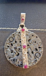 Sajen Sterling Silver Carved Hematite Dragon Ruby 51mm Disk Pendant 50.6g - Picture 1 of 7