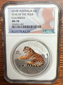 2010P Australia S$1 Year of the Tiger Colorized 1oz Silver NGC MS70 - Picture 1 of 1