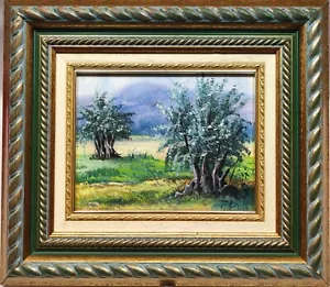SPANISH LANDSCAPE WITH OLIVE TREES OIL PAINTING ON BOARD INDISTINCTLY SIGNED - Picture 1 of 24