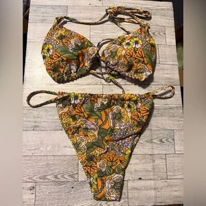 Women’s Tropical Floral Print Triangle Tie Back Halter Bikini Set Large - Picture 1 of 6