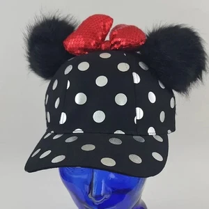 Disney Parks Minnie Pom Pom Silver Polka Dot Sequin Bow Black Baseball Hat - Picture 1 of 7