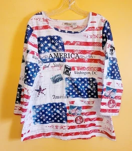 America Patriotic T Shirt Ladies Large Long Sleeve Overall Print Free Shipping - Picture 1 of 4