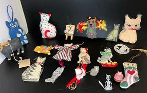 Vintage Lot Of 19 Kitty Cat Christmas Ornaments Fabric Wood Pottery Porcelain - Picture 1 of 21