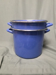 Vintage Stock Pot Blue Enamel Speckle 3Pc Strainer Steamer 6 Qt Cowboy Camping - Picture 1 of 4
