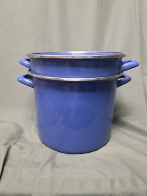 Vintage Stock Pot Blue Enamel Speckle 3Pc Strainer Steamer 6 Qt Cowboy Camping - Image 1 of 4