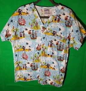 S.C.R.U.B.S Top Women Medium Pirate Ship Treasure Chest Monkey Seagulls Nurse - Picture 1 of 4