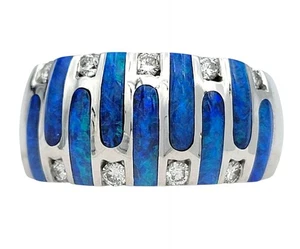 Kabana blauer Opal Inlay und runder Diamant breiter Bandring in 14 Karat Weißgold - Bild 1 von 13