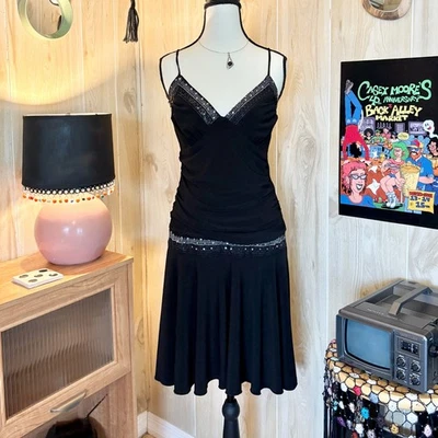 Vestido midi vintage feminino médio preto com lantejoulas elásticas anos 2000 era Y2K - Imagem 1 de 4