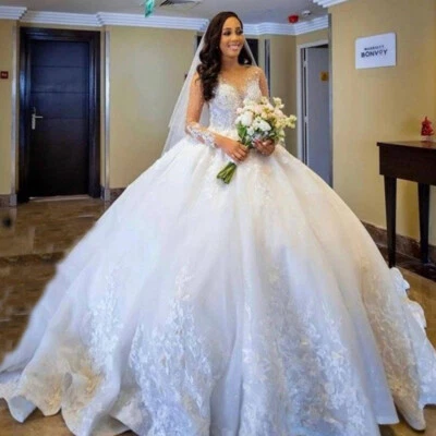 Luxury Princess Wedding Dresses Lace Long Sleeves Beaded Appliques Ball Gowns - Image 1 of 4