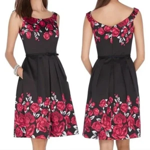 White House Black Market Sleeveless Black Red Rose Fit Flare Dress Size 2 NEW - Picture 1 of 13