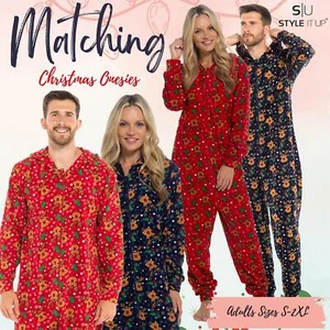 Unisex All in One Christmas Hooded Pyjamas Xmas Loungewear Couples Matching PJs - Picture 1 of 41