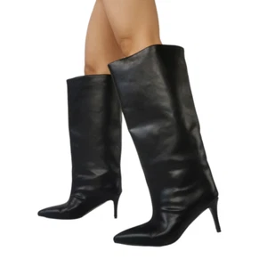 Women Knee High Boots Wide Mid Calf Pull On Pointy Toe High Heels Leather Boots - Picture 1 of 9