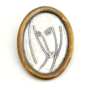 Vintage 925 Sterling Silver Modernist Face Two Tone Oval Artisan Brooch Pin - Picture 1 of 7