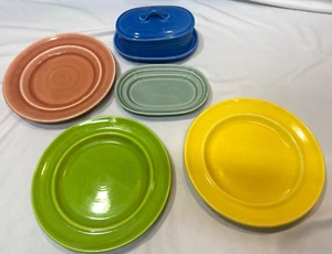 Vintage Metlox Colorstax Covered Butter Dish BLUE 3 Plates 8" Green Underplate - Picture 1 of 10