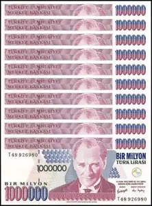 Turkey 1 Million Lira, L.1970 (2002 ND), P-213a.2, UNC, Prefix T X 10 PCS - Picture 1 of 2