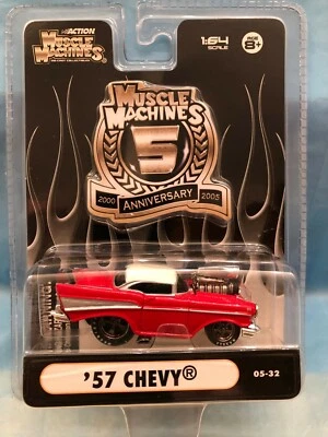 57 CHEVY BEL-AIR RED / WHITE  MUSCLE MACHINES 1/64 "5TH ANNIVERSARY 05-32" - Image 1 of 4