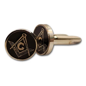 Square & Compass Round Masonic Cuff Link Pair - [Silver & Black][5/8'' Diameter] - Picture 1 of 1