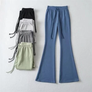 Women Drawstring Waist Bell Bottoms Flared Pants Trousers Fitness Yoga Sport - Picture 1 of 15