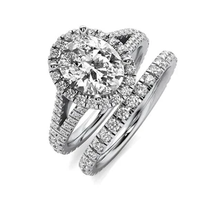 Halo Split Shank 2.47 Ct D VS1 Lab Grown Oval Diamond Engagement Ring Band Set - Picture 1 of 3