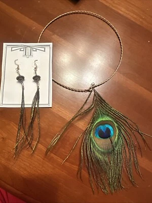 Collar de Pluma de Pavo Real Boho Vintage Tono Dorado y Pendientes a Juego Foto 1 de 4
