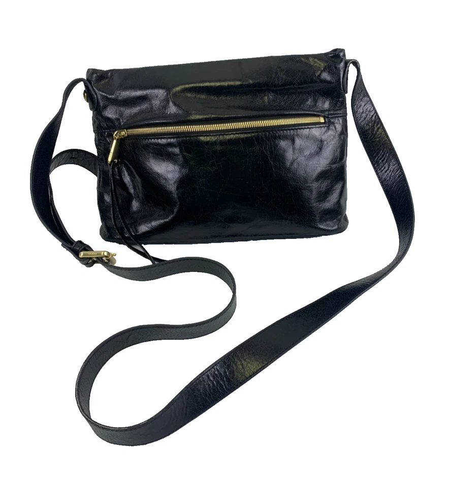 HOBO Original Black Glazed Leather Crossbody Adjustable Flex Frame Purse Bag Zip - Image 1 of 4
