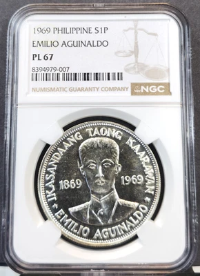 1969 PHILIPPINES SILVER 1 PISO EMILO AGUINALDO NGC PL 67 RARE GEM PROOF LIKE - Image 1 of 3