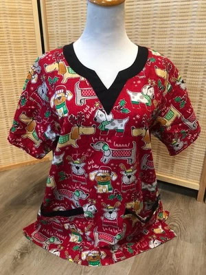 Christmas Scrubs Top Cartoon Cute Dogs Puppy Puppies Animal Medium M Tafford 499 - Image 1 of 4