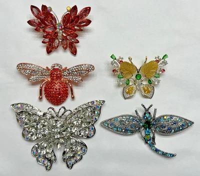 Crystal Rhinestone Butterfly Bee Brooch Pin Defects LOT Brooches Butterflies Bug - Image 1 of 4