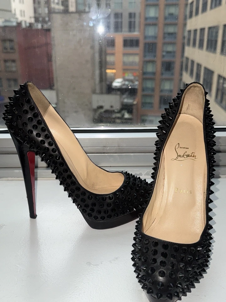 Christian Louboutin Lady Peep Spikes 150 Black Leather Pumps Size 39 - Image 1 of 4