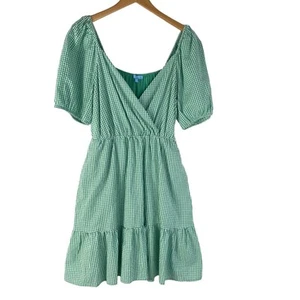 Draper James Babydoll Gingham Dress Medium Green Puff Sleeve Ruffle Peasant NWT - Picture 1 of 9