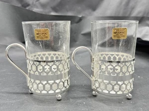 VINTAGE ARCOROC FRANKREICH TEEGLAS TASSEN MIT CHROM METALLHALTERN PAAR - Bild 1 von 10