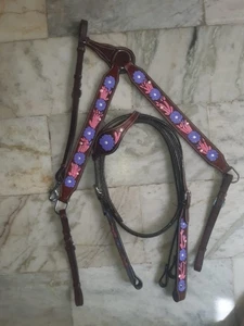 Western Horse One Ear Leather Headstall & Breast Collar Purple & Pink Tack Set - Picture 1 of 5