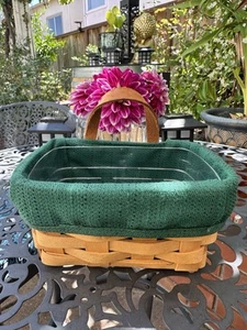 Longaberger Basket 1 Leather Handle 2001 7'' X 5'' X 3.5'' Green Liner Protector - Picture 1 of 15