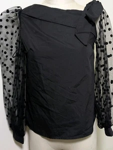 Black Sheer Polka Dot Puff Sleeve Top Blouse Bow Detail Dressy, Chic, Romantic M - Picture 1 of 8