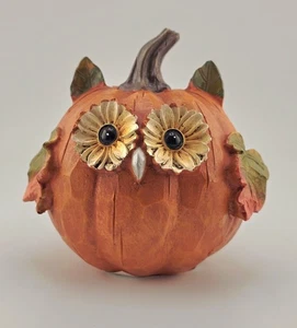 New Gerson Int Co Pumpkin Owl Figurine Carved Handpainted Daisy Eyes Leaf Wings  - Picture 1 of 8