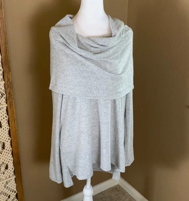 Gibson NWT Gray Ivory Striped Cowl Neck Convertible Long Sleeve Tunic Top Size L - Image 1 of 4