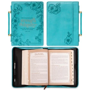 Women's Fashion Bible Cover Strength and Dignity Proverbs 31:25, Teal Faux Le... - Picture 1 of 7