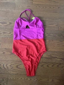 SUMMERSALT New Sz 4 THE SWAN DIVE ONE PIECE SWIMSUIT HIBISCUS LAVA Pink Red Tie - Picture 1 of 7