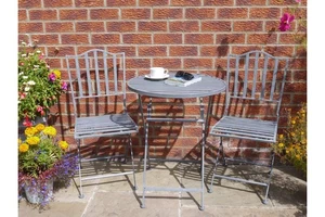 Industrial Rustic Grey Metal Folding Round Table & 2 Chairs Garden Set - Picture 1 of 16