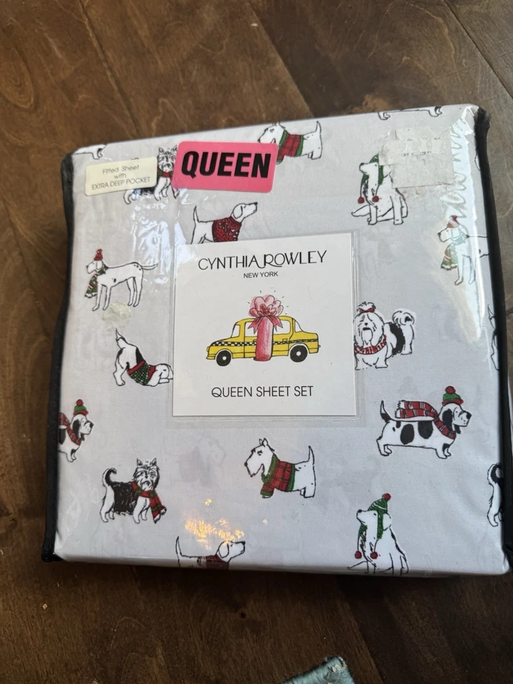 Cynthia Rowley 圣诞狗大号床单套装假日冬季毛衣围巾 X 深 — 第 1/3 张图片