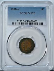 1908 S INDIAN HEAD Cent PCGS Graded VF20 Very Fine 20 Coin 2232 - Picture 1 of 2