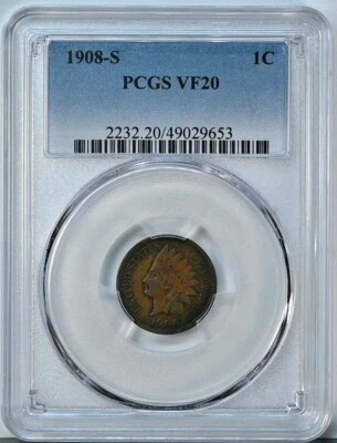 1908 S INDIAN HEAD Cent PCGS Graded VF20 Very Fine 20 Coin 2232 - Image 1 of 2