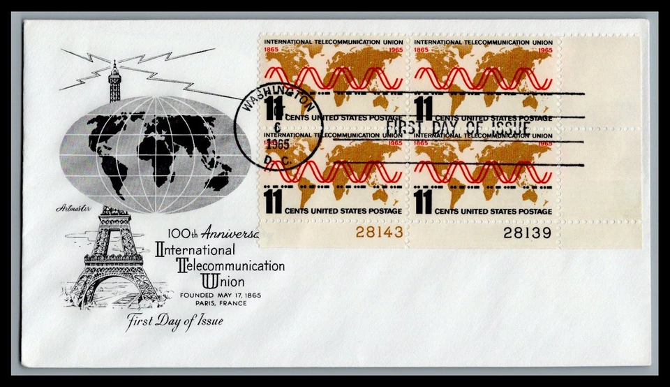 US FDC # 1274 11c Telecommunications Artmaster Plate Block 43/39 LR 1965, 9L483 - Image 1 of 1